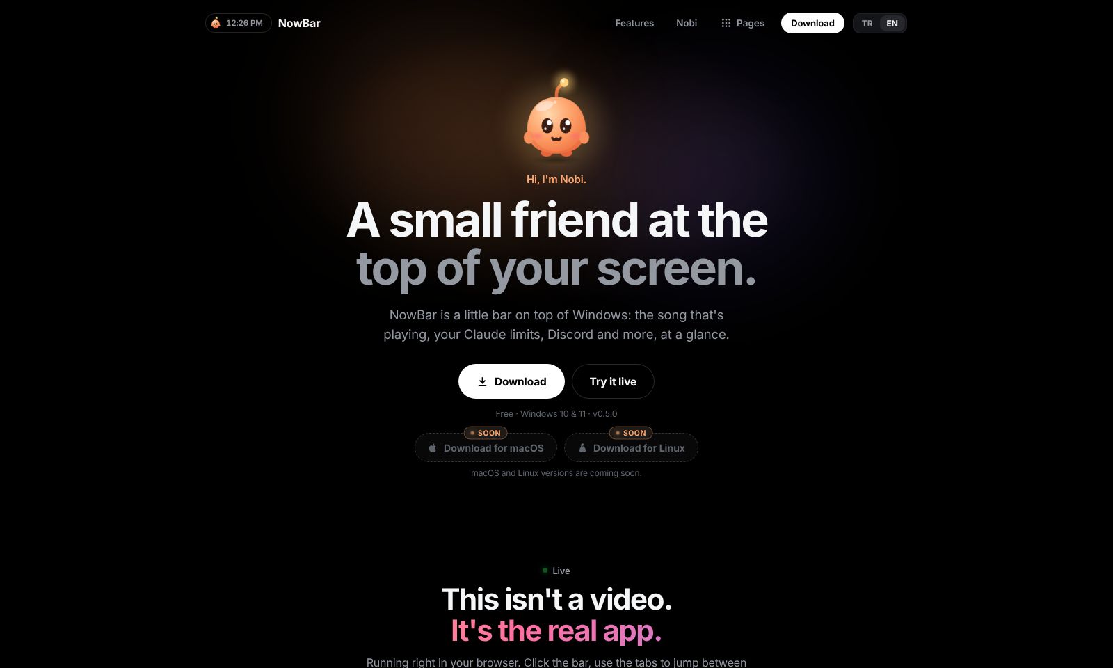 NowBar homepage: a small friend at the top of your screen.